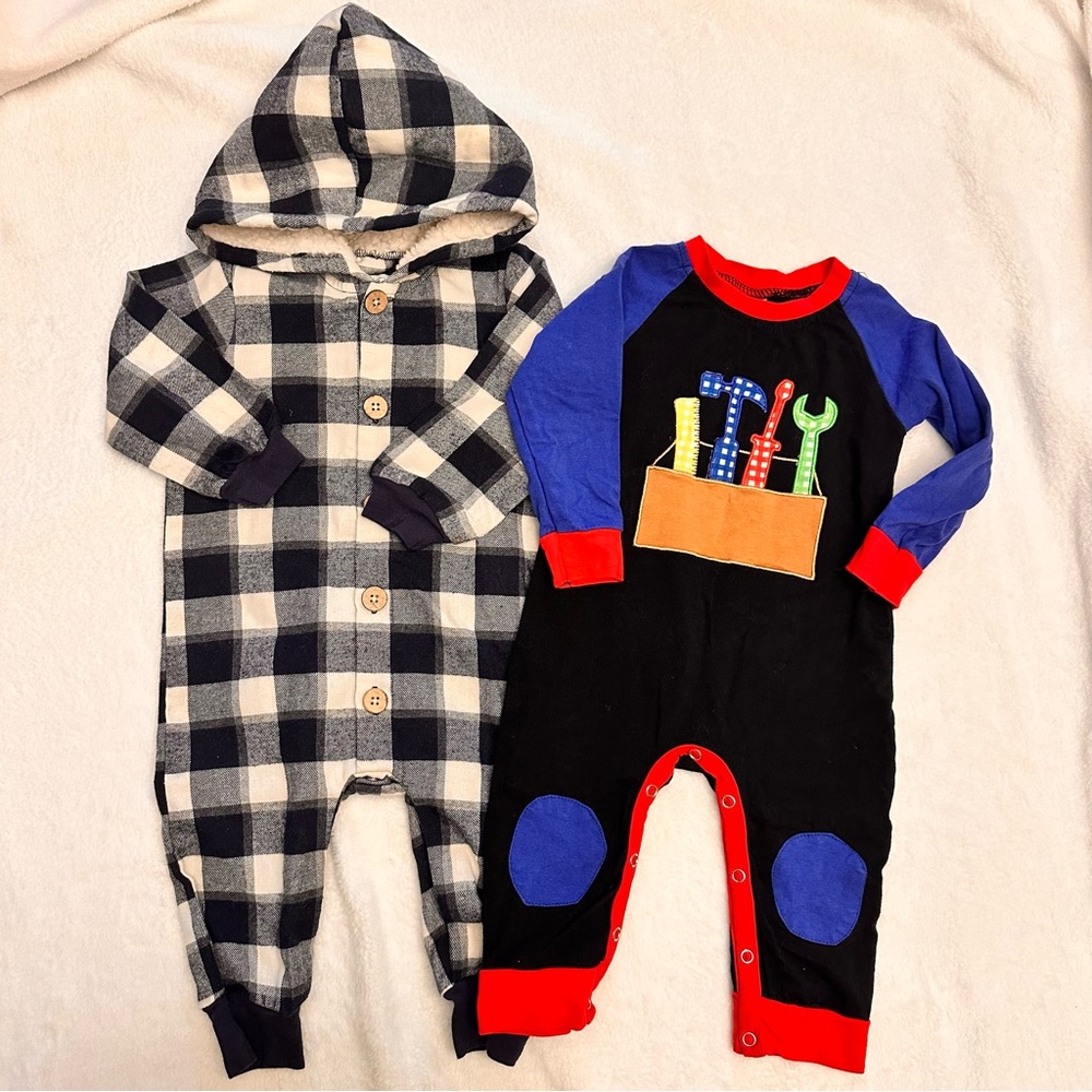 EEUC boys MudPie gingham and applique Tools longall rompers 9/12months